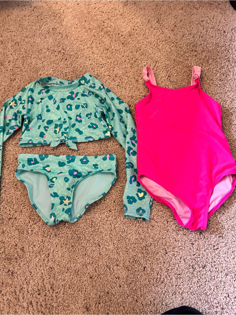 Kids Swim Set - Teal Leopard Rash Guard Bikini & Hot Pink One-Piece